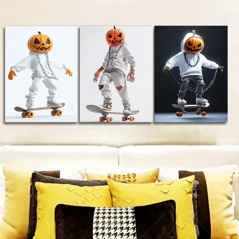 3pcs Evil Pumpkin Skateboard Metal Print Ready to Hang Art
