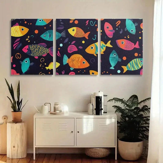3pcs Vibrant Colorful Fish Abstract Shapes Metal Print Ready to Hang Art