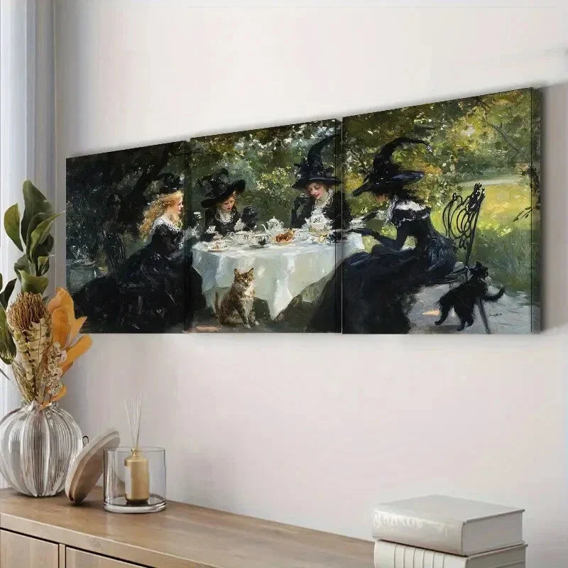 3pcs Witches Tea Party Painting Nature Perfect Wall Art Set Canvas Framed 40x60cm - High Quality Print 100% Australian Made Wall Canvas Ready to Hang