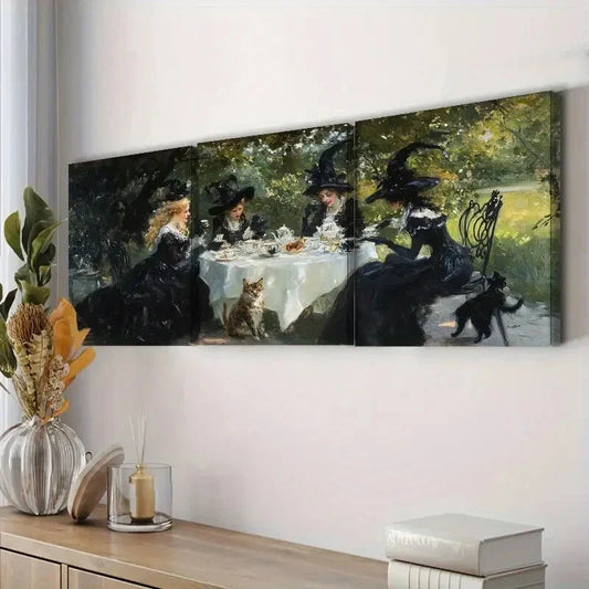 3pcs Witches Tea Party Painting Nature Perfect Wall Art Set Canvas Framed 40x60cm - High Quality Print 100% Australian Made Wall Canvas Ready to Hang