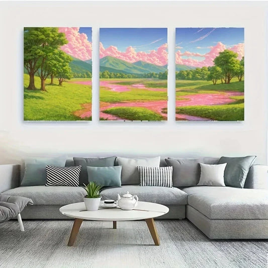 3pcs A Vibrant Landscape with a River Modern Metal Print Ready to Hang Art