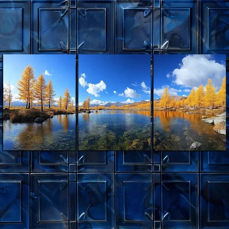 3pcs Golden Trees & Clear Blue Sky Perfect Wall Art Set Canvas Framed 40x60cm - High Quality Print 100% Australian Made Wall Canvas Ready to Hang