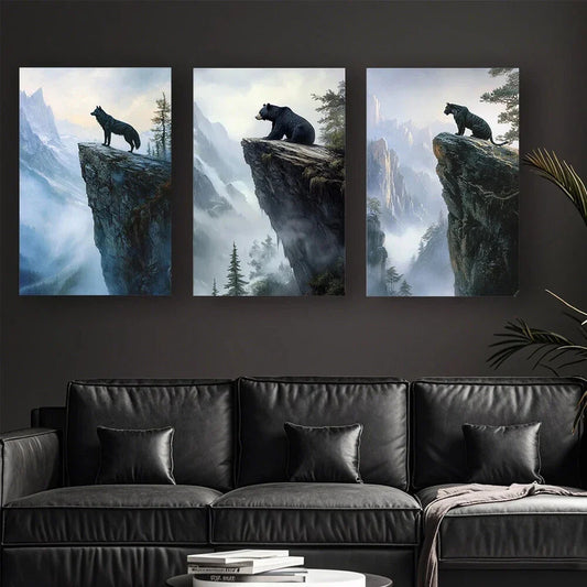 3pcs Snowy Mountain Animals Bear Wolf Tiger Metal Print Ready to Hang Art