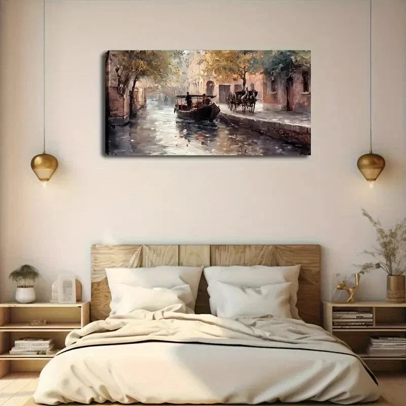 Serene River Scene with Gondola Wall Art Canvas Office Home Room Framed 120x60cm