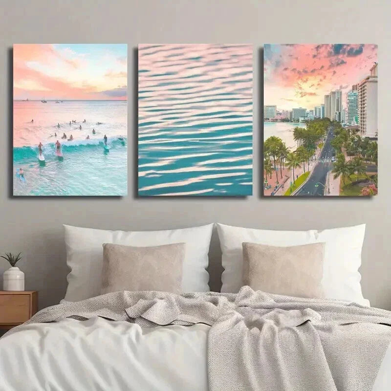 3pcs Surfing Sunset Ocean Waves Decor Wall Art Set Canvas Framed 40x60cm - High Quality Print 100% Australian Made Wall Canvas Ready to Hang