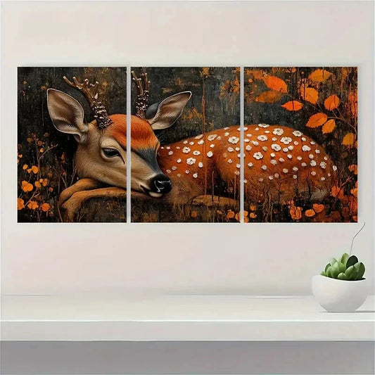 3pcs Deer Painting with Orange Floral Patterns Metal Print Ready to Hang Art