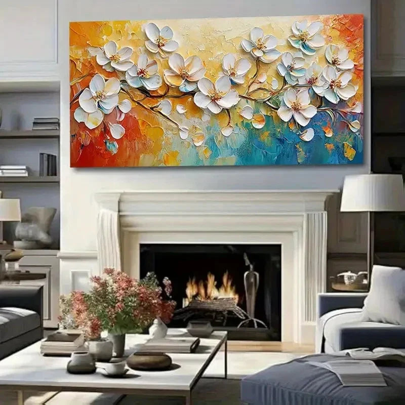 White Cherry Blossom Flowers Wall Art Canvas Office Home Room Framed 80x45cm