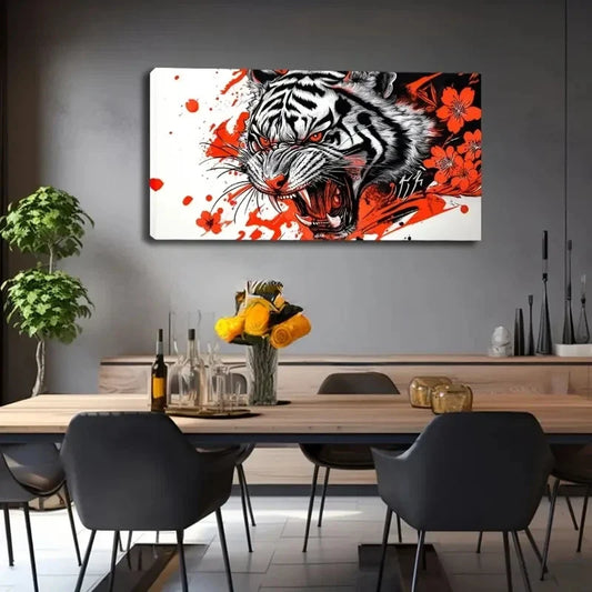 White Tiger Abstract Dynamic Wall Art Canvas Office Home Room Framed 120x60cm