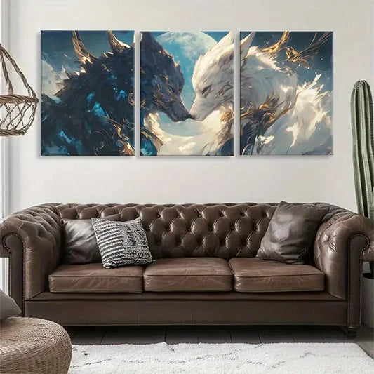 3pcs Mystical Wolf Face-Off with Moon Perfect Wall Art Set Canvas Framed 40x60cm - High Quality Print 100% Australian Made Wall Canvas Ready to Hang