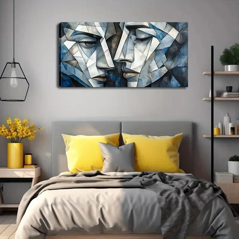 Blue & White Shattered Faces Wall Art Canvas Office Home Room Framed 120x60cm