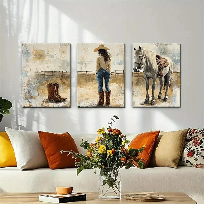 3pcs Western Cowgirl Rustic Country Perfect Wall Art Set Canvas Framed 40x60cm - High Quality Print 100% Australian Made Wall Canvas Ready to Hang