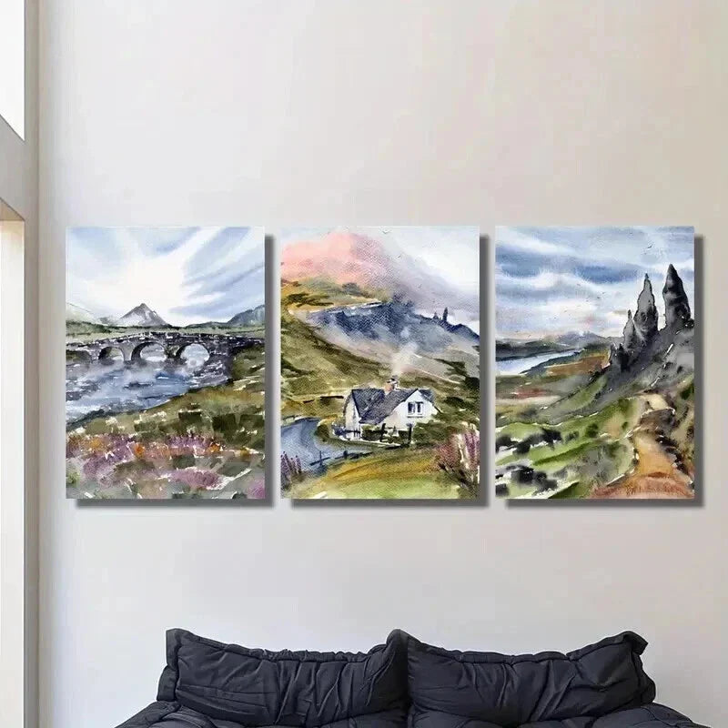 3pcs Watercolor Mountains River & Nature Wall Art Set Canvas Framed 40x60cm - High Quality Print 100% Australian Made Wall Canvas Ready to Hang