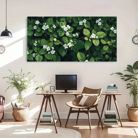 Green Leaves And White Flowers Wall Art Canvas Office Home Room Framed 120x60cm