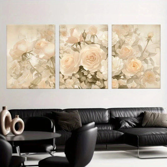 3pcs Elegant Powder Blush Roses & Floral Design Metal Print Ready to Hang Art