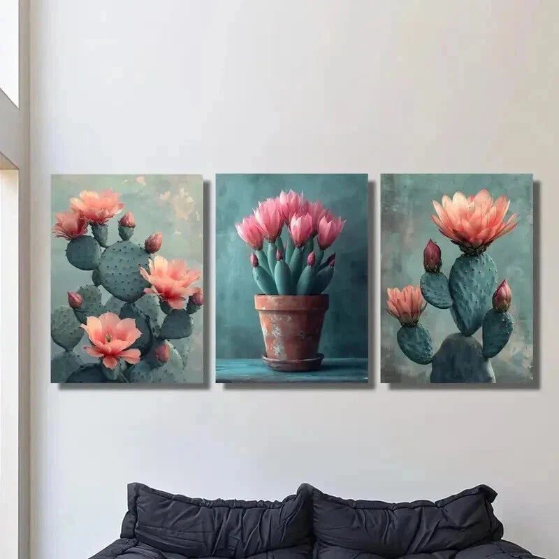 3pcs Cactus Flowers Potted Desert Plants Wall Art Set Canvas Framed 40x60cm - High Quality Print 100% Australian Made Wall Canvas Ready to Hang