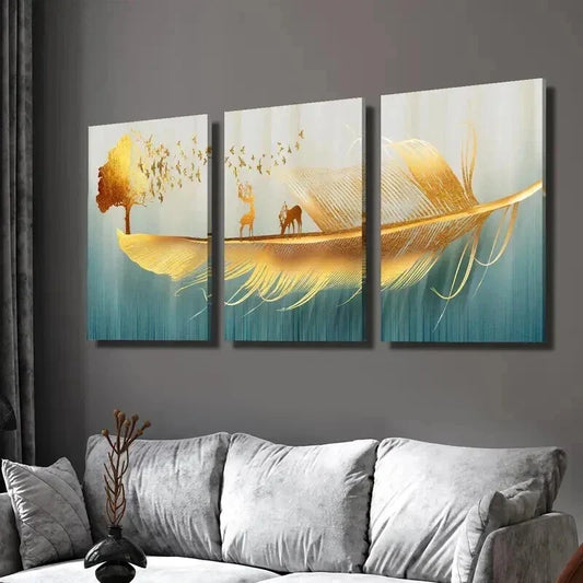 3pcs Feathers Reindeer Birds Money Tree Wall Art Set Canvas Framed 40x60cm - High Quality Print 100% Australian Made Wall Canvas Ready to Hang