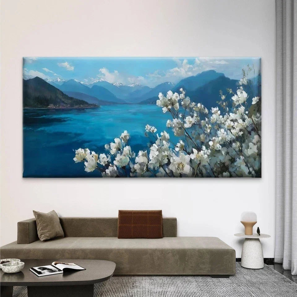 Mountain & White Flower LandscaWall Art Canvas Office Home Room Framed 80x45cm
