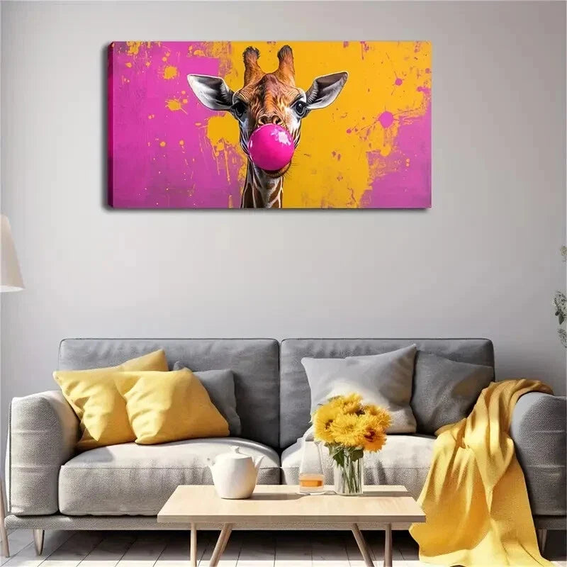 Blowing Pink Bubble Gum Animal Wall Art Canvas Office Home Room Framed 120x60cm
