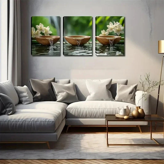 3pcs Wooden Tea Bowls and Waterfall Design  Wall Art Set Canvas Framed 40x60cm - High Quality Print 100% Australian Made Wall Canvas Ready to Hang