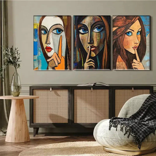 3pcs Abstract Woman Portrait "Shh" Gesture    Wall Art Set Canvas Framed 40x60cm - High Quality Print 100% Australian Made Wall Canvas Ready to Hang