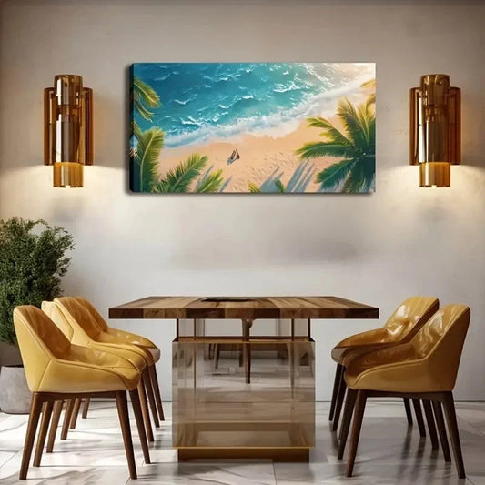 Tropical Beach Scene Wall Art canvas office home room framed 80x45cm