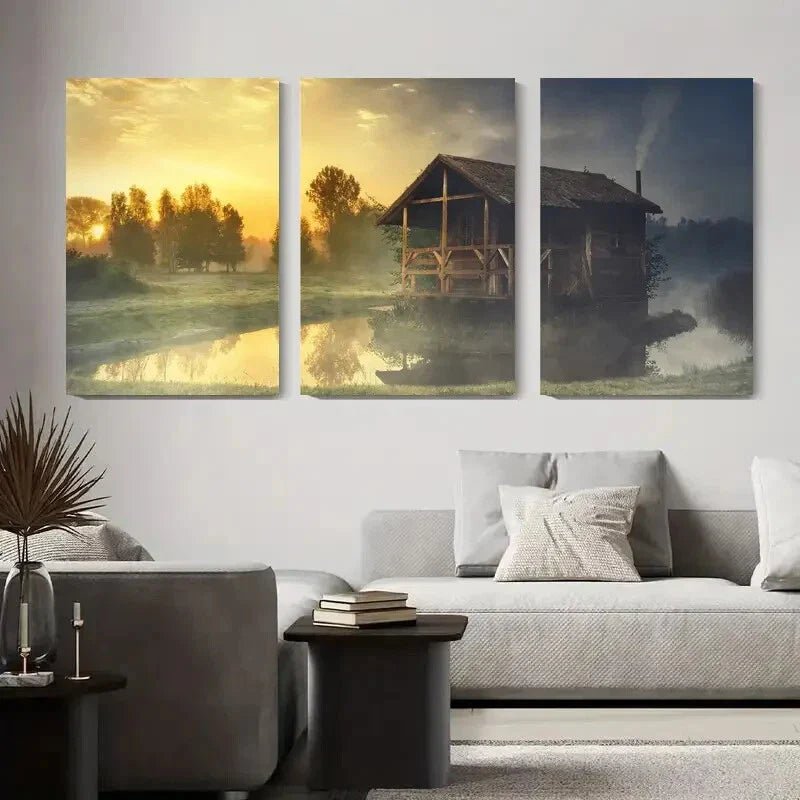 3pcs Tranquil Morning Landscape Metal Print Ready to Hang Art