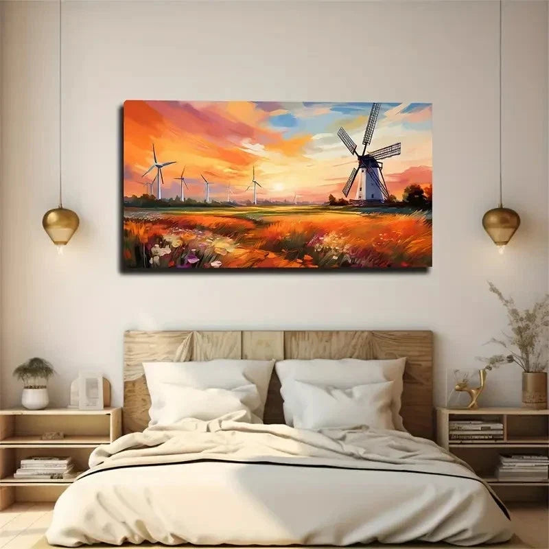 Windmill Sunset Glow Wall Art Canvas Office Home Room Framed 120x60cm