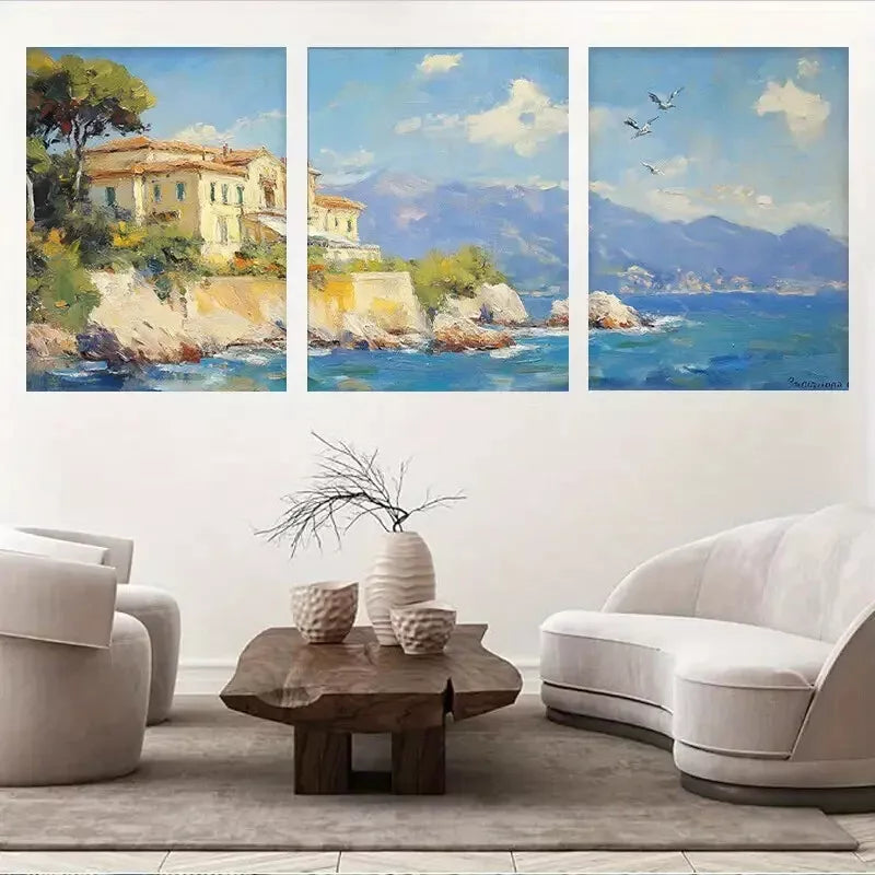 3pcs Modern Mediterranean Coastal Villa Wall Art Set Canvas Framed 40x60cm - High Quality Print 100% Australian Made Wall Canvas Ready to Hang