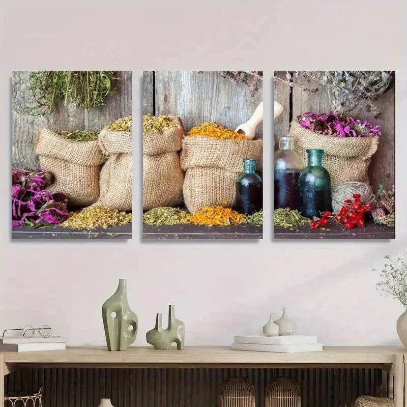 3pcs Dried Herbs & Glass Bottles, Vintage Nature Metal Print Ready to Hang Art