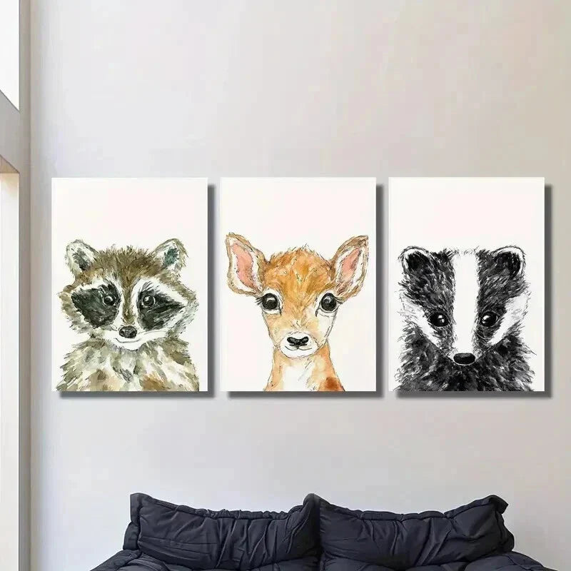 3pcs Baby Raccoon Cute Deer and Badger Wall Art Set Canvas Framed 40x60cm - High Quality Print 100% Australian Made Wall Canvas Ready to Hang