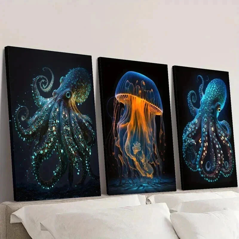 3pcs Glowing Octopus Jellyfish Illustration Wall Art Set Canvas Framed 40x60cm - High Quality Print 100% Australian Made Wall Canvas Ready to Hang