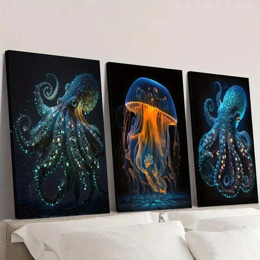 3pcs Glowing Octopus Jellyfish Illustration Wall Art Set Canvas Framed 40x60cm - High Quality Print 100% Australian Made Wall Canvas Ready to Hang