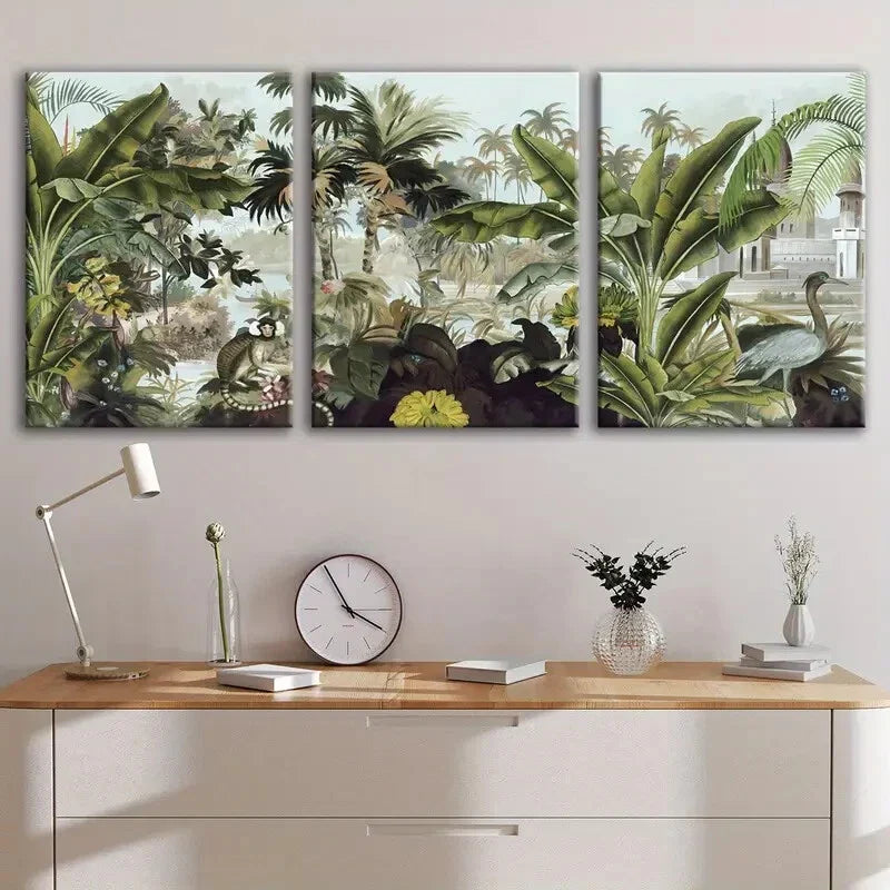 3pcs Tropical Forest & Wildlife Vibrant Flowers Wall Art Set Canvas Framed 40x60cm - High Quality Print 100% Australian Made Wall Canvas Ready to Hang