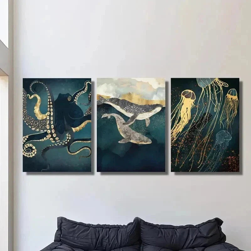 3pcs Abstract Octopus Whale Jellyfish Wall Art Set Canvas Framed 40x60cm - High Quality Print 100% Australian Made Wall Canvas Ready to Hang