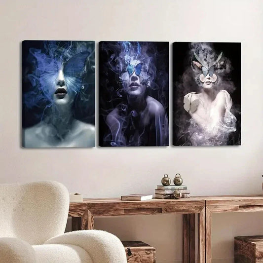 3pcs Abstract Figure Blue Butterfly Black White Wall Art Set Canvas Framed 40x60cm - High Quality Print 100% Australian Made Wall Canvas Ready to Hang