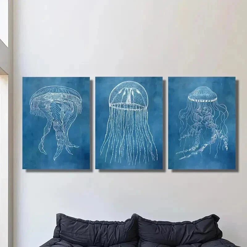3pcs Luxury Jellyfish Mordai Blueprint Wall Art Set Canvas Framed 40x60cm - High Quality Print 100% Australian Made Wall Canvas Ready to Hang