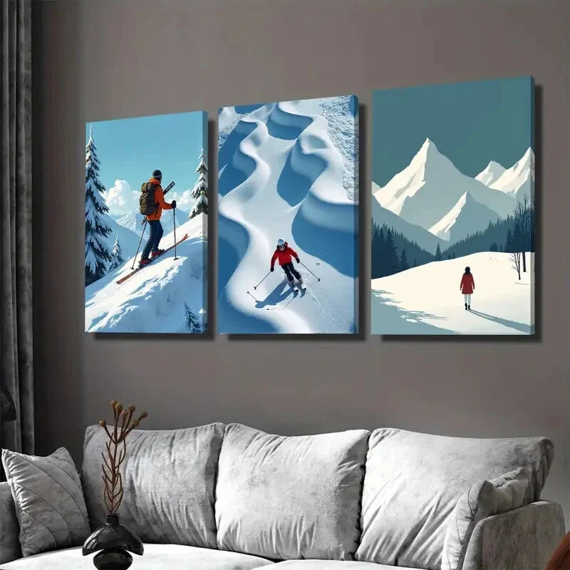 3pcs Snowy Mountain Ski Adventure Picture Wall Art Set Canvas Framed 40x60cm - High Quality Print 100% Australian Made Wall Canvas Ready to Hang