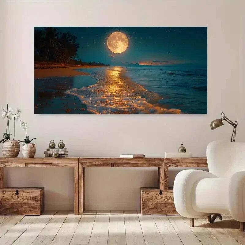 Modern Full Moon on Beach Night Wall Art Canvas Office Home Room Framed 120x60cm