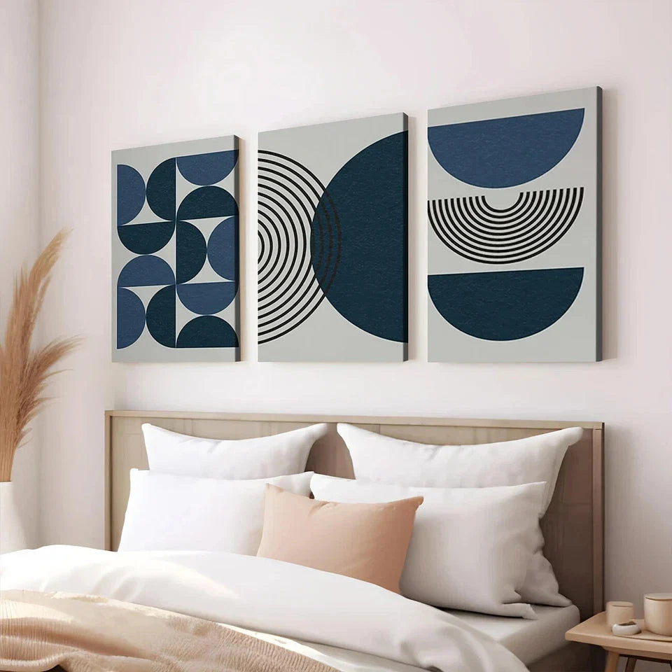 3pcs Navy Blue Bohemian Black Lines Modern Wall Art Set Canvas Framed 40x60cm - High Quality Print 100% Australian Made Wall Canvas Ready to Hang
