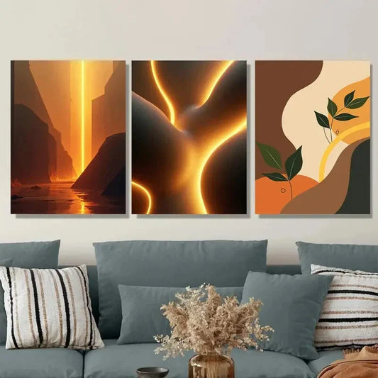 3pcs Vibrant Wall Art Triptych with Fiery Orange Metal Print Ready to Hang Art