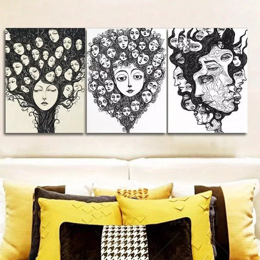3pcs   Lines Make Up On The Face Black And White  Wall Art Set Canvas Framed 40x60cm - High Quality Print 100% Australian Made Wall Canvas Ready to Hang