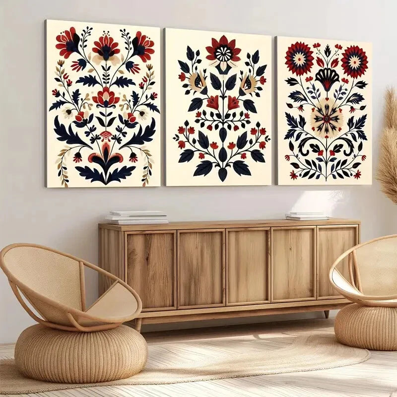 3pcs Red Flowers Nordic Style Scandian Folk Art Wall Art Set Canvas Framed 40x60cm - High Quality Print 100% Australian Made Wall Canvas Ready to Hang