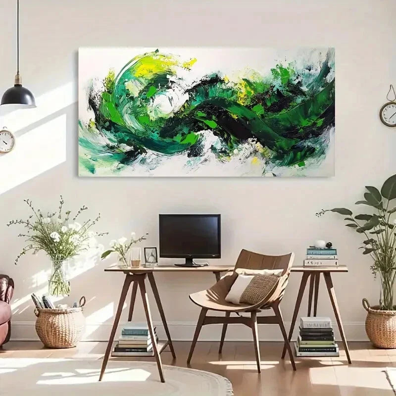 Fluid Motion Green & Bubble Wall Art Canvas Office Home Room Framed 80x45cm