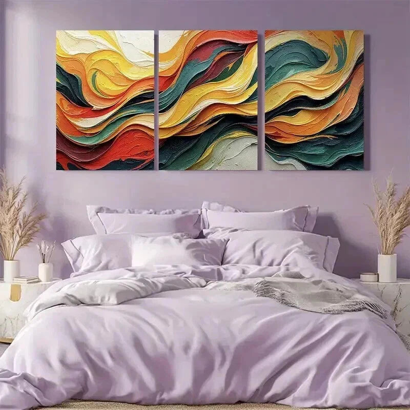 3pcs Swirling Waves in Red Yellow Green & Orange Wall Art Set Canvas Framed 40x60cm - High Quality Print 100% Australian Made Wall Canvas Ready to Hang