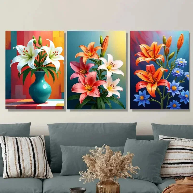 3pcs Vibrant Lily Flower Triptych Modern Classic  Wall Art Set Canvas Framed 40x60cm - High Quality Print 100% Australian Made Wall Canvas Ready to Hang