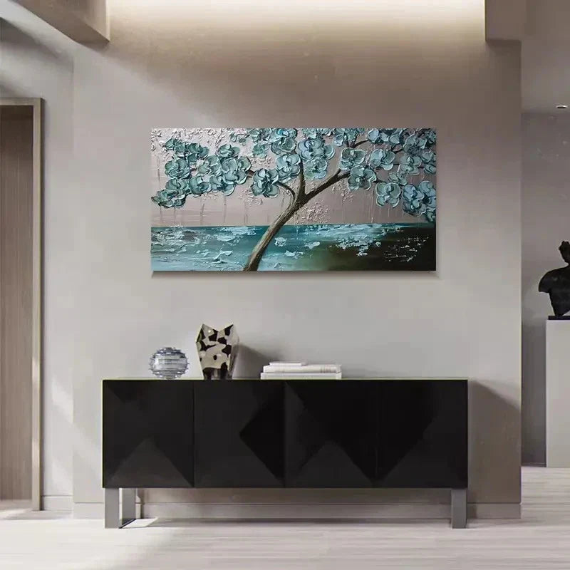 Light Blue Blooming Tree Wall Art Canvas Office Home Room Framed 120x60cm