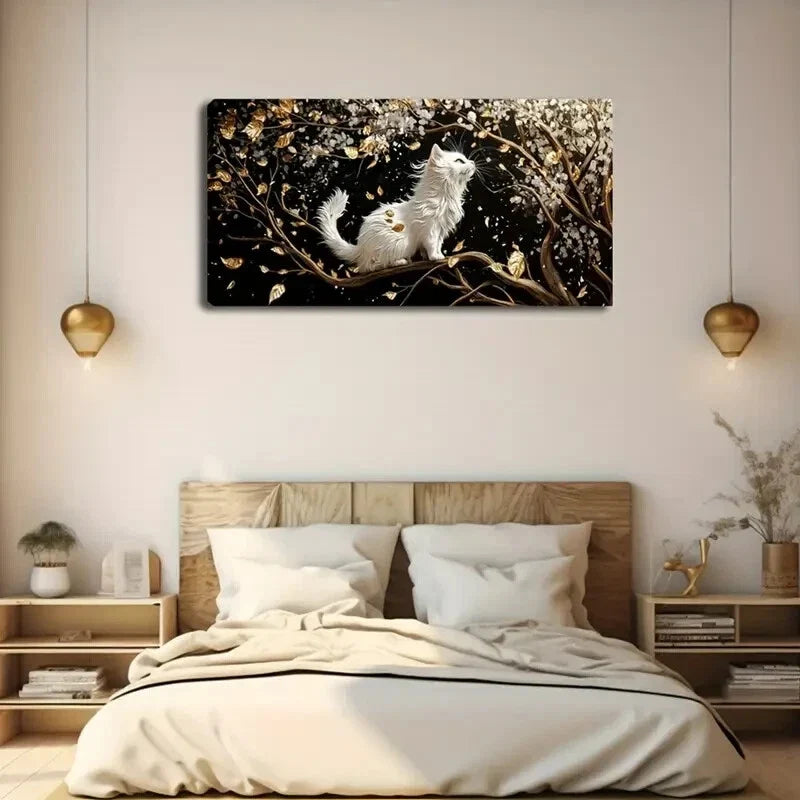 A White Cat Sitting On A Tree Wall Art Canvas Office Home Room Framed 120x60cm