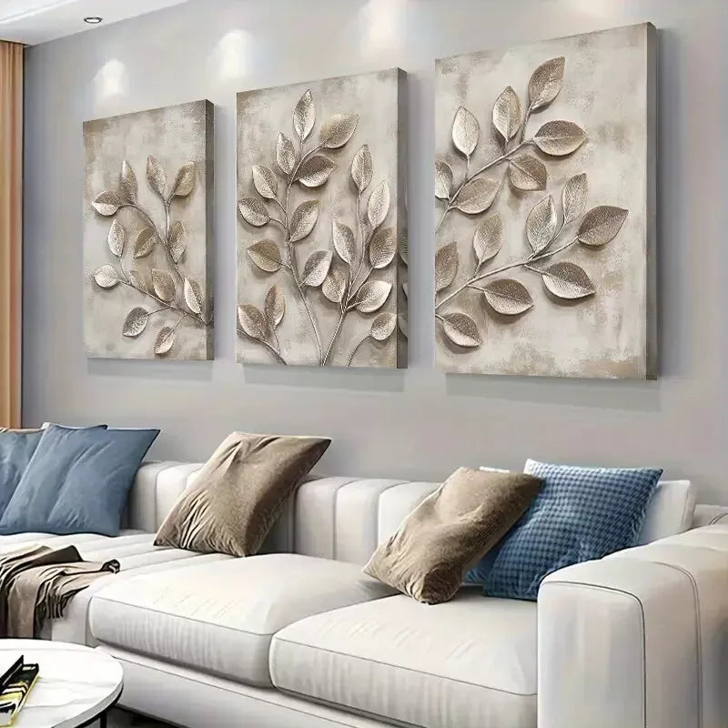 3pcs  Metallic Leaf Branch Triptych Wall Art Set Canvas Framed 40x60cm - High Quality Print 100% Australian Made Wall Canvas Ready to Hang