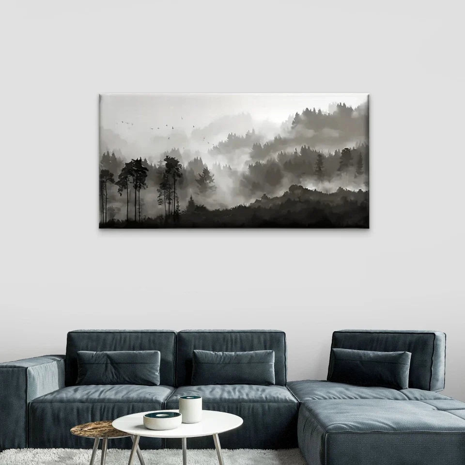 Black White Forest Misty Wall Art Canvas Office Home Room Framed 120x60cm