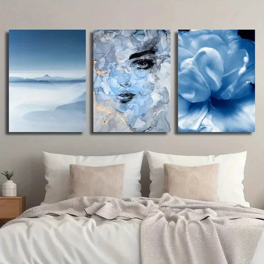 3pcs Abstract Blue Mountain and Cloud Metal Print Ready to Hang Art